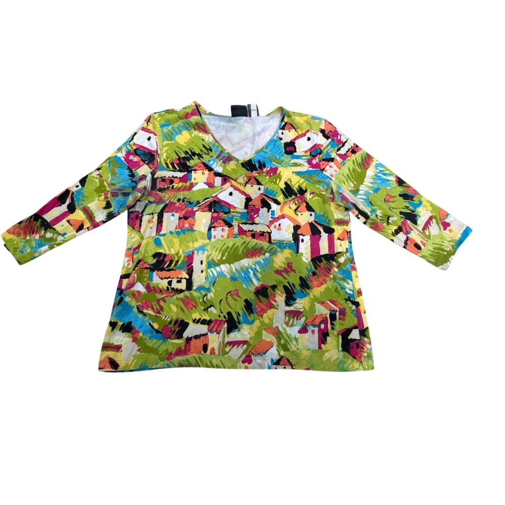 Additions by Chicos Womens Size 2 V-Neck 3/4 Sleeve Landscape Village Print Top